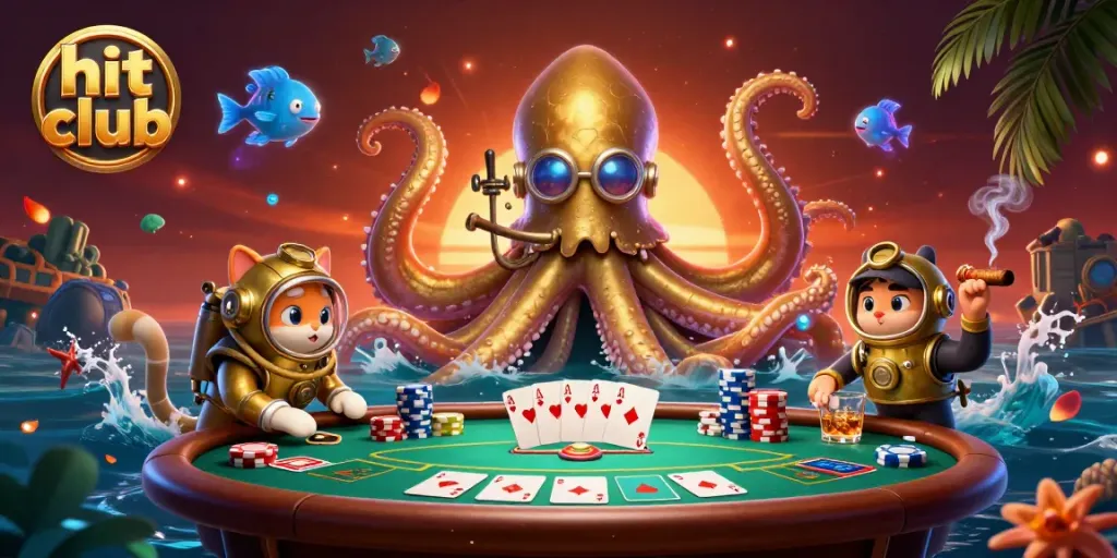 Engage in thrilling games at hit club, featuring vibrant 3D elements like a colossal kraken.