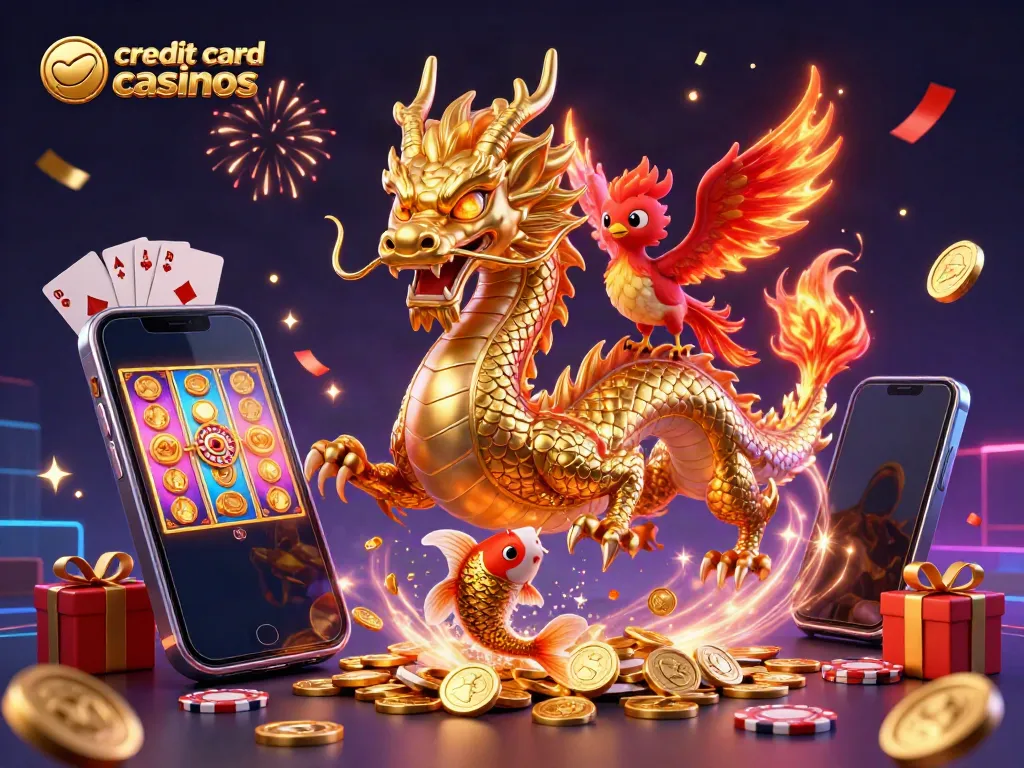 Engage in exciting gameplay at credit card casinos featuring vibrant dragon and phoenix characters.