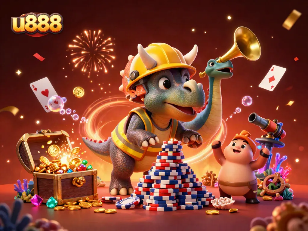 Experience thrilling moments at u888 with lively cartoon dinosaurs celebrating an epic poker chips tower.