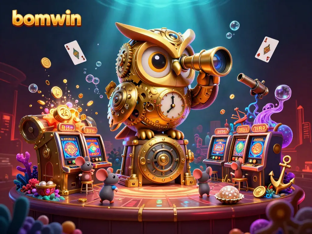 Win at bomwin with a dynamic casino scene showcasing an owl and mice among vibrant slot machines.