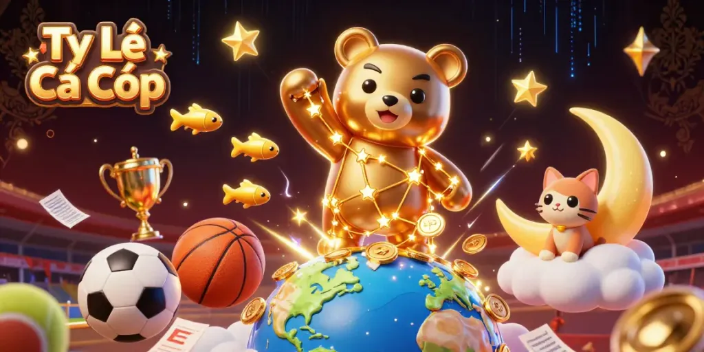 Tỷ Lệ Cá Cược highlights engaging sports betting elements, featuring a constellation bear with golden stars, sports balls, and dynamic energy.