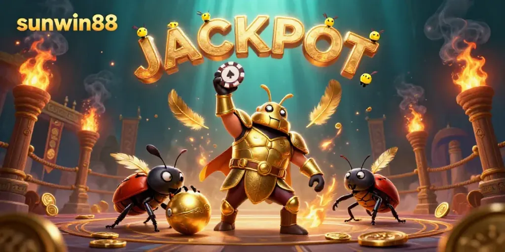 Experience the thrilling action of sunwin88 with a victorious beetle and exciting gambling elements in a vibrant 3D scene.