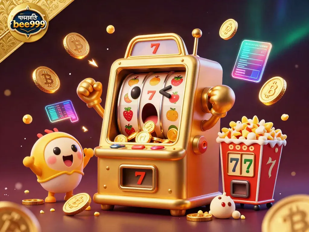 Engage with the excitement of পদোন্নতি bee999, where a golden slot machine hits a jackpot amidst a festive scene of cheering baby machines and crypto coins.