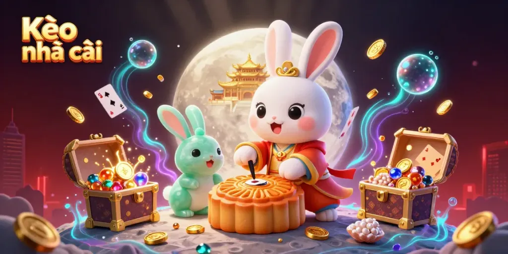Experience Kèo nhà cái with a vivid moon rabbit scene revealing poker chips and treasure elements