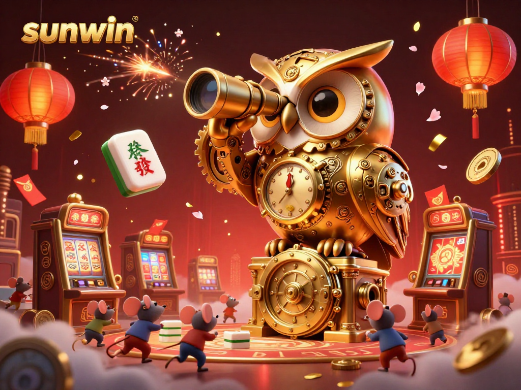 Engage with sunwin's vibrant casino scene featuring a golden owl and lively patrons enjoying games.