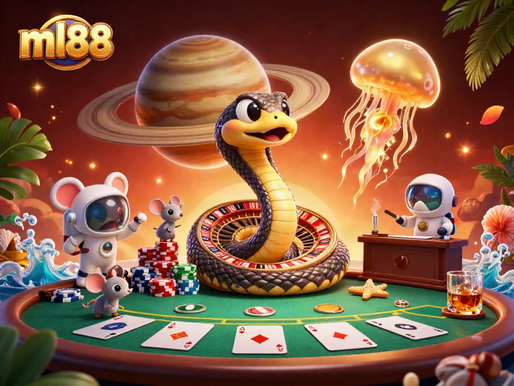 Engage with ml88's cosmic casino scene featuring playful astronaut mice betting on a roulette wheel.