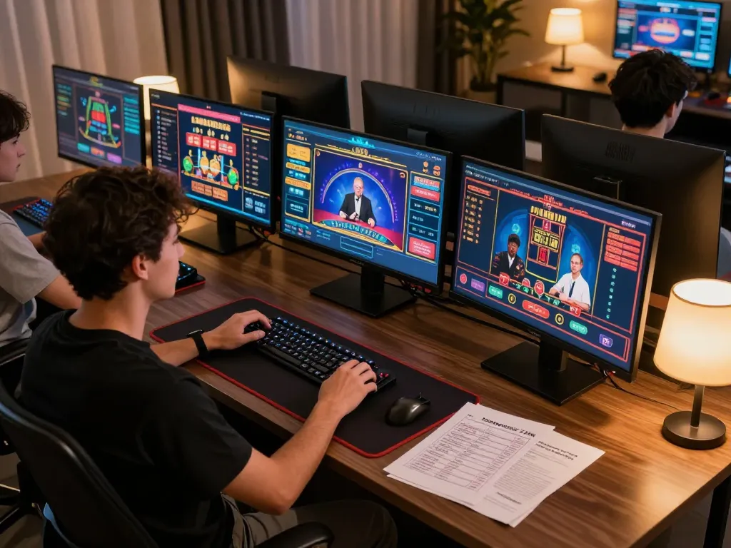 Engaging online player at https://va88.now/ gaming setup, strategizing bankroll management for blackjack and slots.