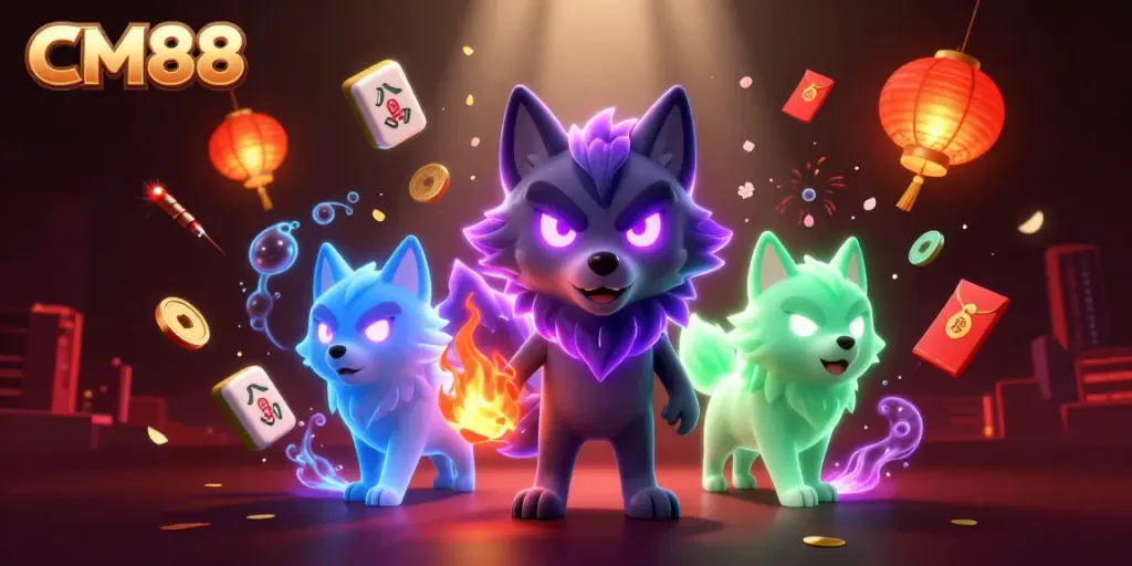 Engage in thrilling game adventures at CM88 with a dynamic 3D illustration of ghostly wolves and rich gameplay elements.