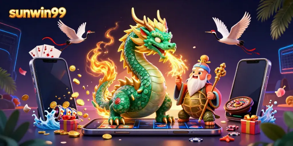 Engage with sunwin99 featuring an emerald jade dragon, lucky cranes, and vibrant casino elements.