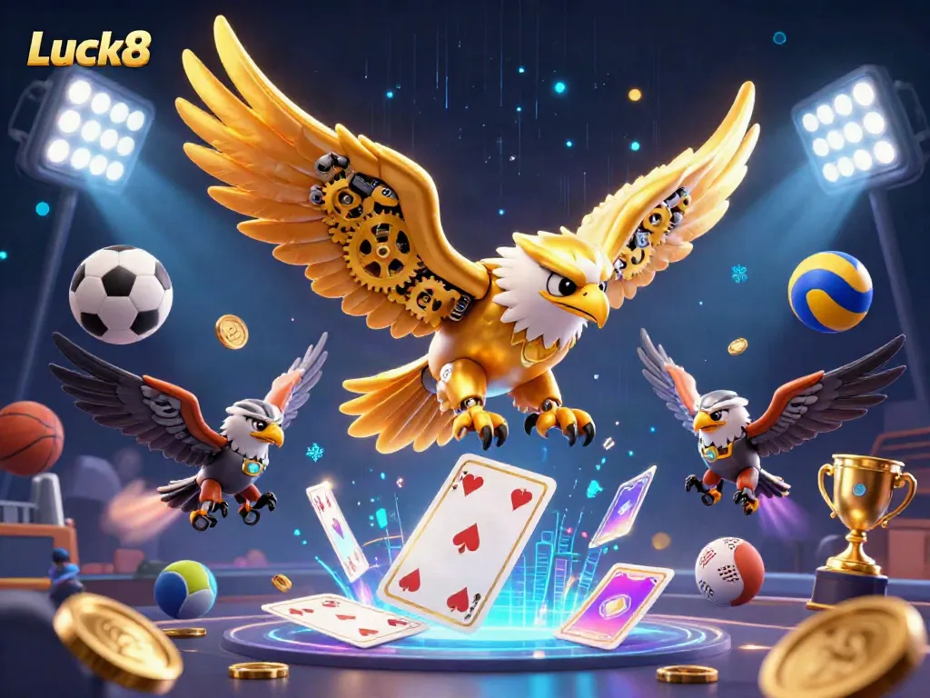 Experience the thrill of gambling with Luck8, illustrated by a cybernetic eagle soaring through dynamic sports elements.