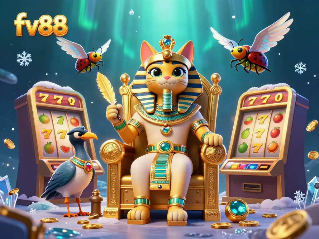 Experience thrilling slots at fv88 with this vibrant 3D casino scene featuring a pharaoh cat and dynamic jackpot elements.