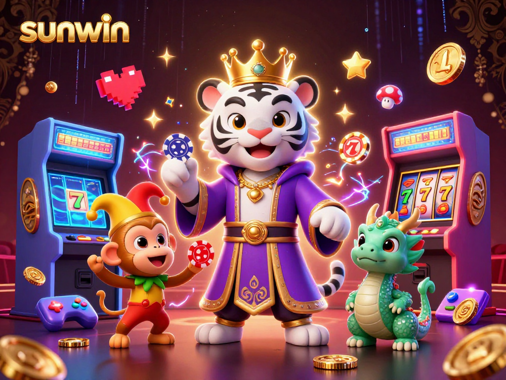 Engage with the vibrant scene of sunwin featuring a tiger, monkey, and magical dragon in a cartoon casino.