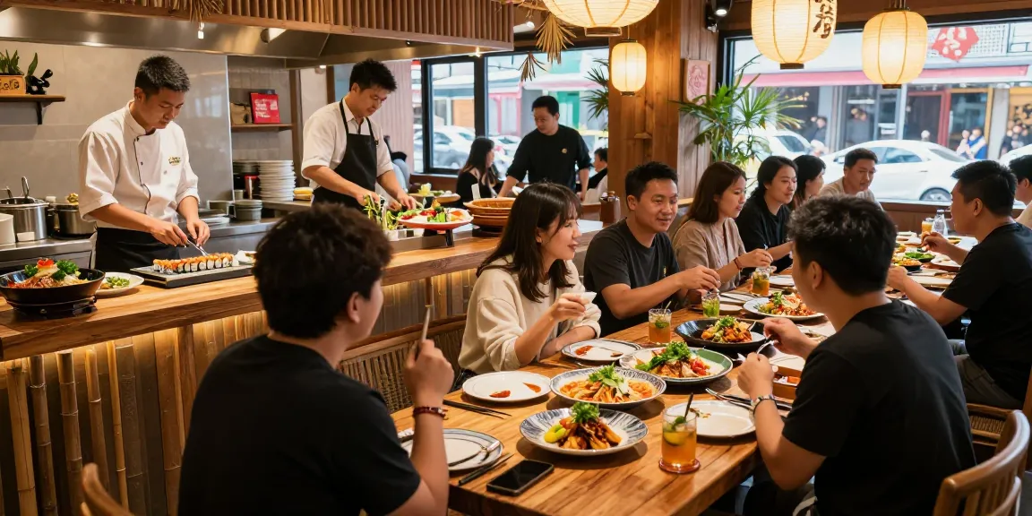 Red88 vibrant dining atmosphere with chefs preparing sushi and Asian fusion dishes, showcasing a lively restaurant scene.