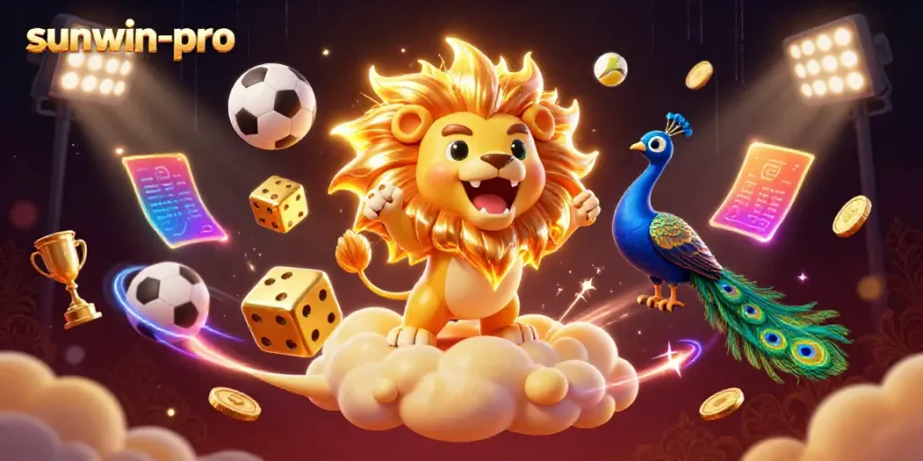 Experience the thrill of sunwin-pro with a dynamic illustration of casino elements and a roaring sun lion.