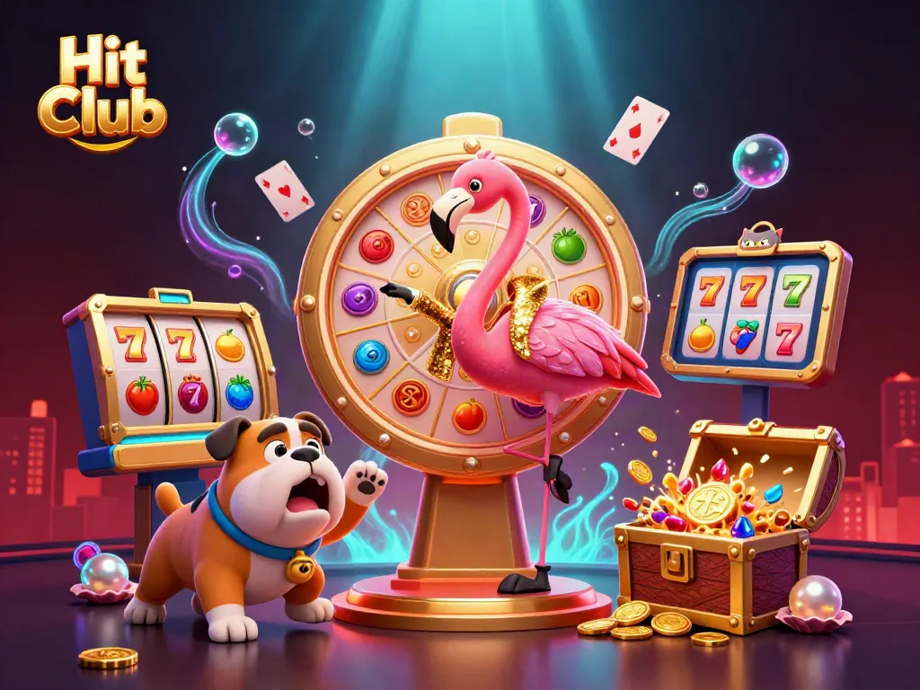 Experience thrilling gameplay at Hit Club with a dynamic spin on the prize wheel, delightful characters, and vibrant casino elements.