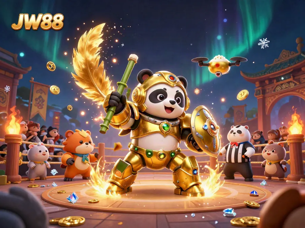 JW88 platform showcase where gamblers enjoy action in a vibrant, detailed casino arena with dynamic characters.