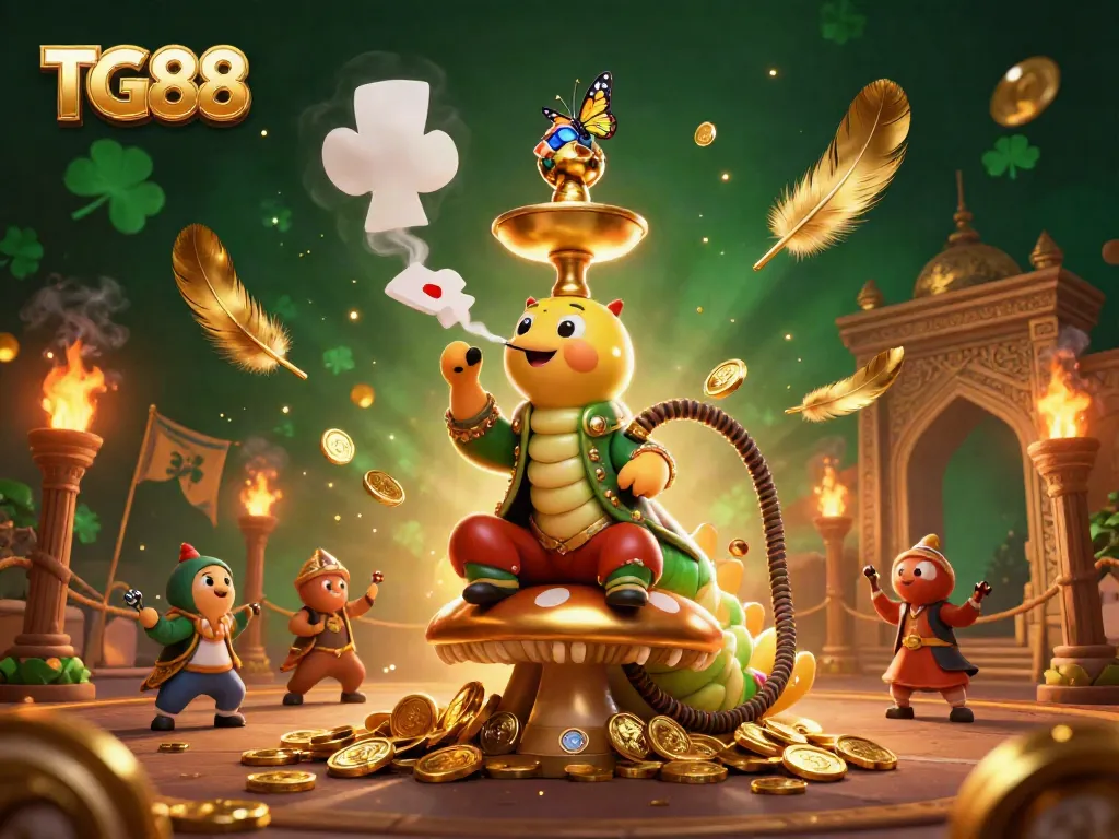 Experience thrilling gaming at TG88 with a vibrant 3D scene showcasing a whimsical hookah-master and casino elements.