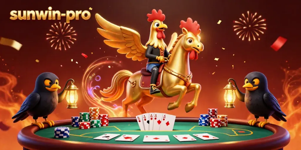 Play exciting casino games like sunwin-pro with a vibrant 3D illustration featuring golden rooster characters.