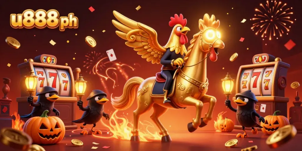 Experience winning thrills at u888 ph with stunning golden rooster and lanterns in a vibrant casino scene.