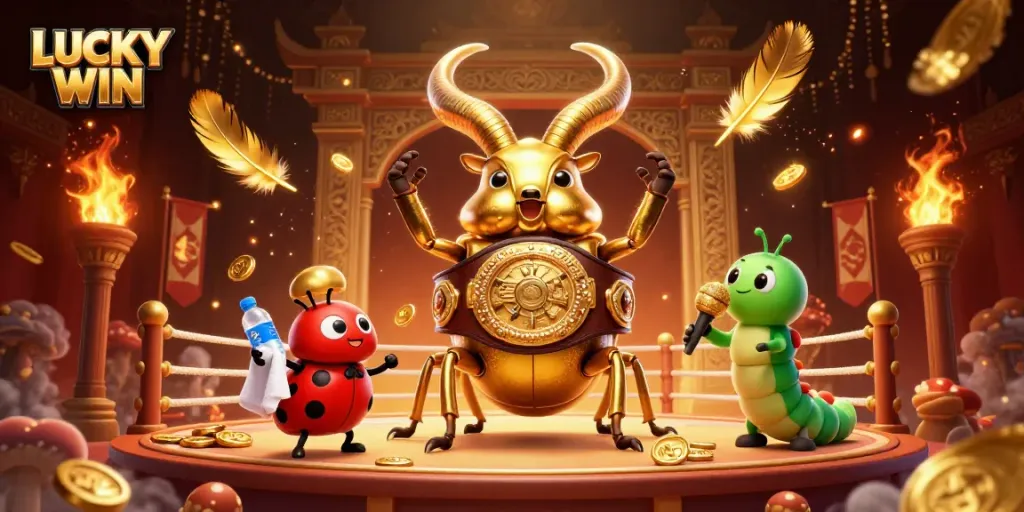 Engage in thrilling gameplay with LUCKY WIN as a golden stag beetle battles in a dynamic casino scene.