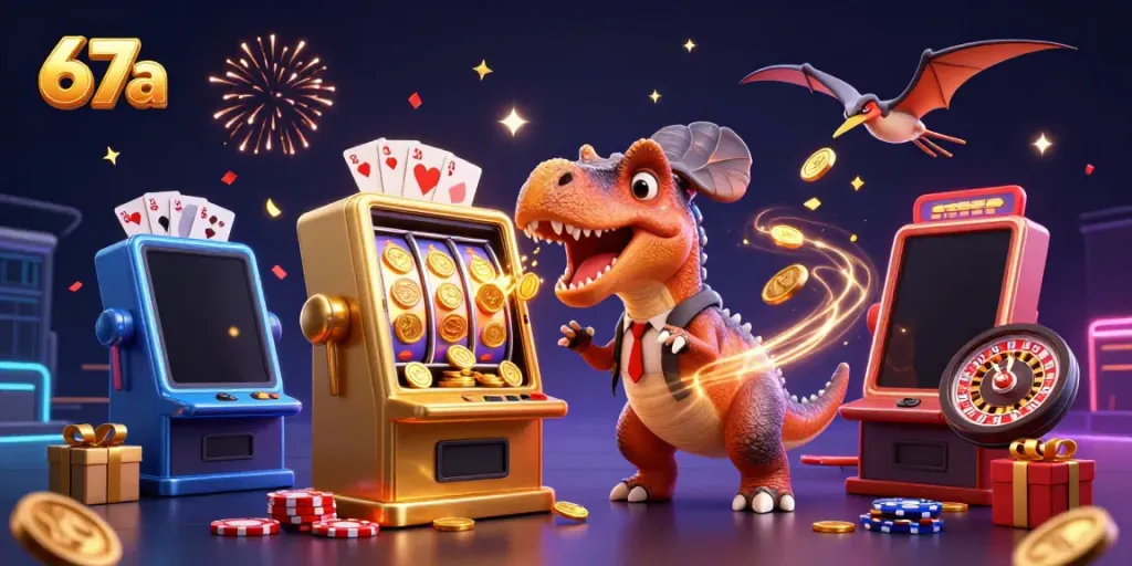 Engaging scene of 67a with dinosaur characters enjoying a jackpot at a casino, celebrating winnings.