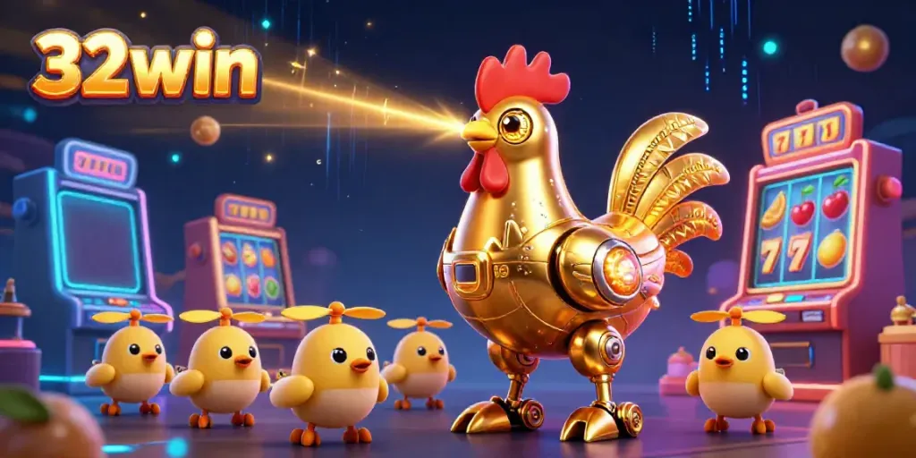 Engage with 32win in a lively casino scene featuring a golden rooster robot and colorful slot machines.