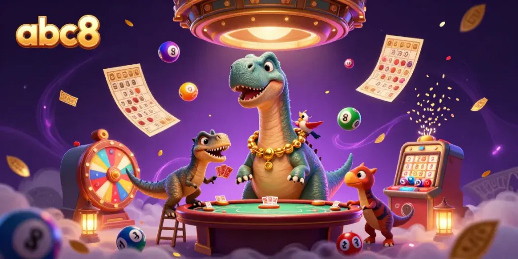Experience exciting gameplay with the vibrant abc8 scene featuring a playful dinosaur, a clever dealer, and thrilling gaming elements