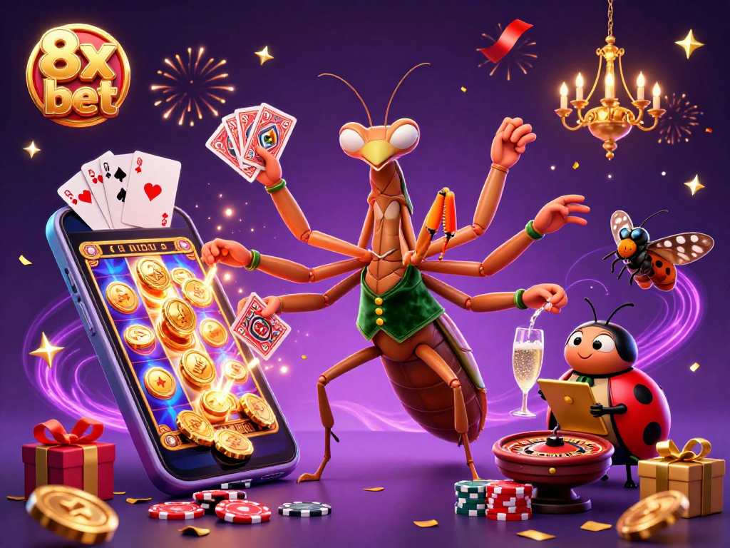 Engage in thrilling action at 8x bet with a charismatic praying mantis dealer and vibrant casino elements.