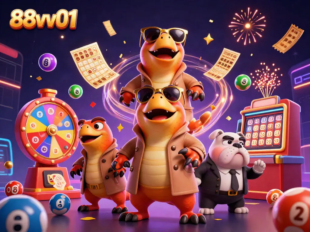 Three raptors in a trench coat trying to sneak into a VIP casino lounge at 88vv01, with colorful lottery elements and dynamic confetti.