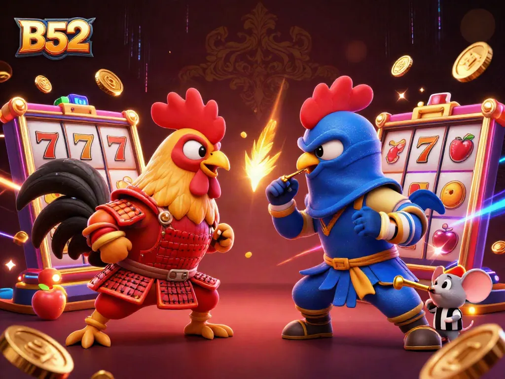 B52 slots with fighting roosters in a dynamic standoff, capturing the thrill of casino gaming.