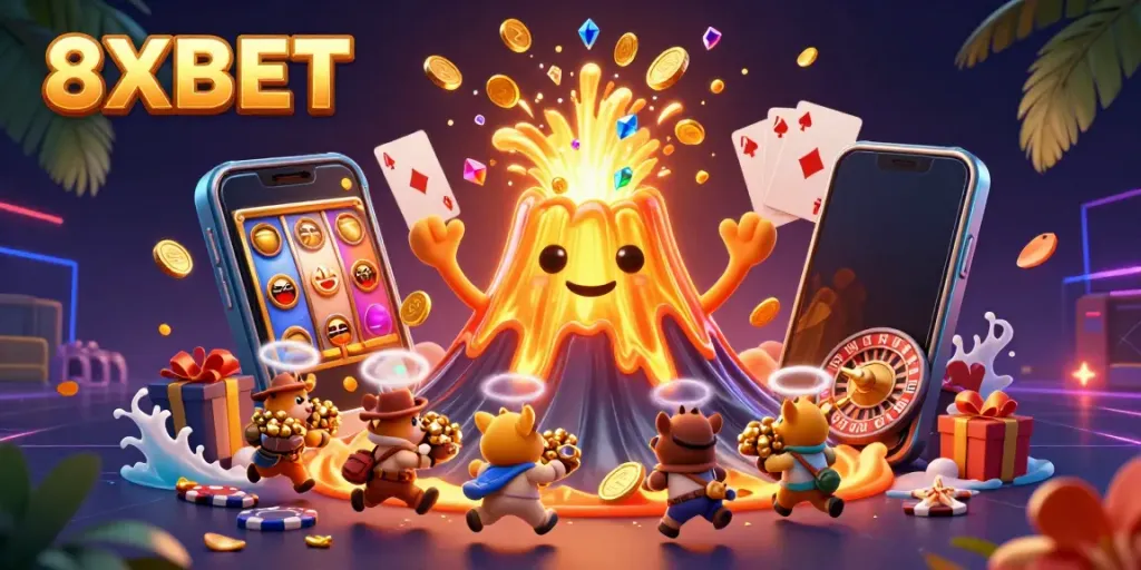 Experience the excitement of 8XBET with a jubilant volcano erupting coins while explorer animals seize treasures amidst vibrant casino elements.