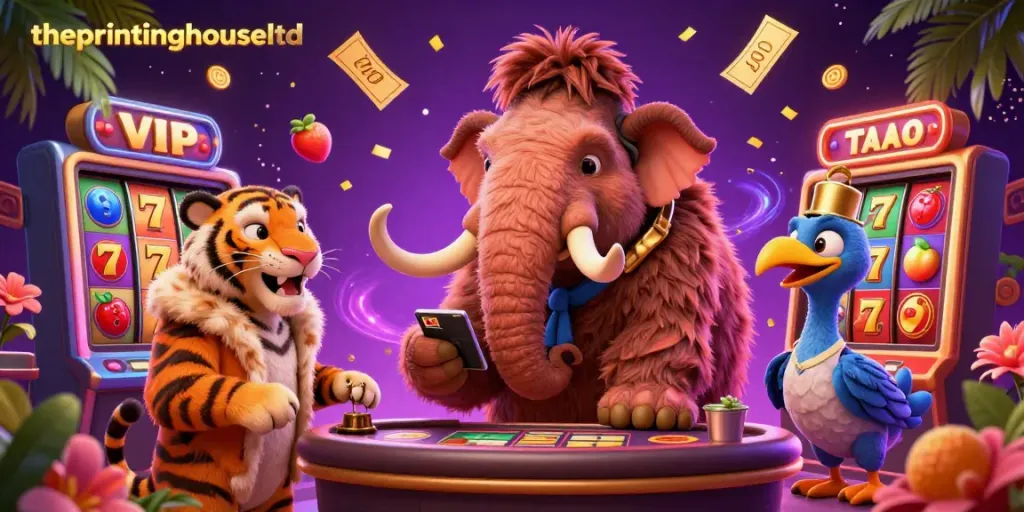 Theprintinghouseltd features a lively 3D scene with a woolly mammoth bouncer and saber-tooth tiger in a vibrant casino setting filled with slot games and confetti.