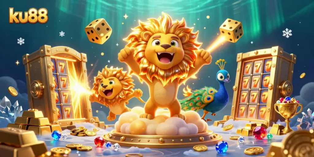 Join the excitement of ku88 with vibrant casino scenes featuring cartoon characters and gold elements.