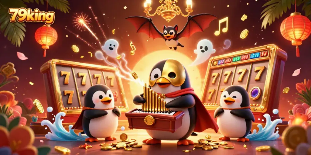 Engage in thrilling gameplay with 79king while witnessing a vibrant casino scene with floating coin-filled elements.