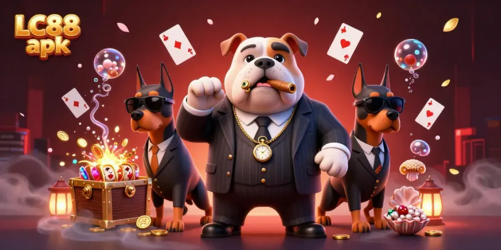 Win big with LC88 apk: a vibrant 3D scene of mafia characters amidst casino elements.