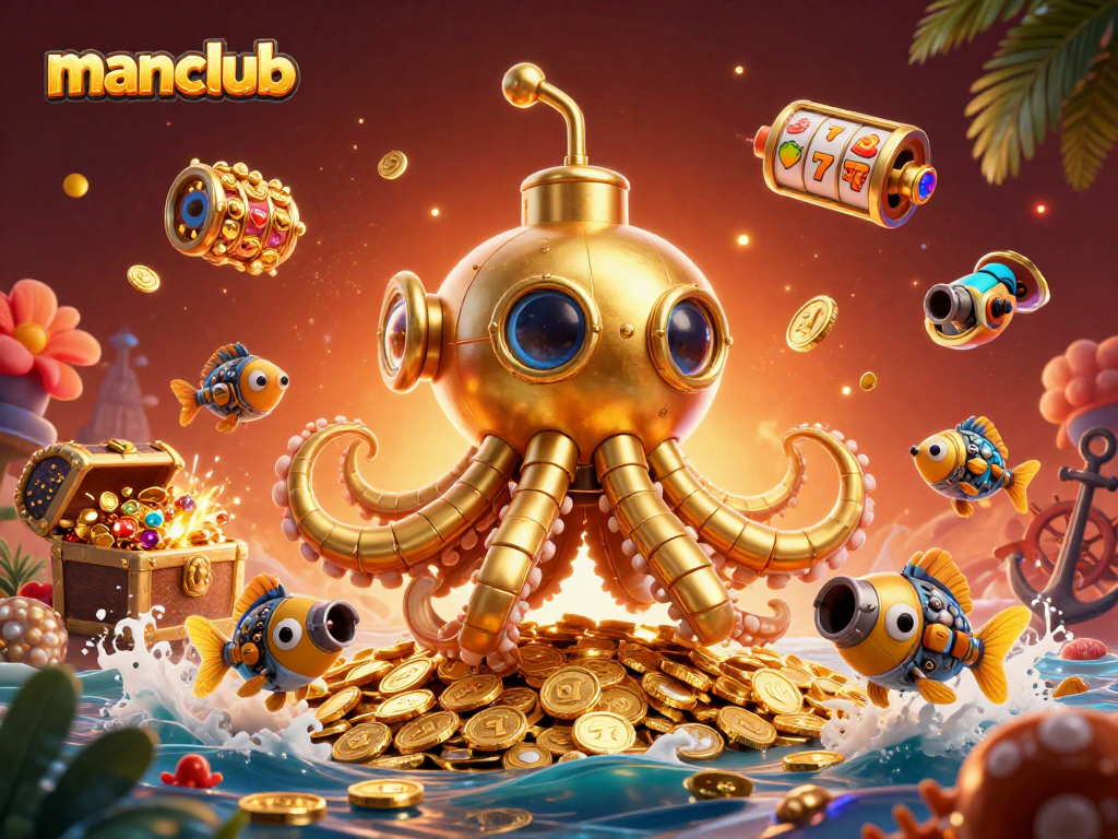 Engage with manclub’s thrilling casino adventure featuring a kraken submarine among golden coins.