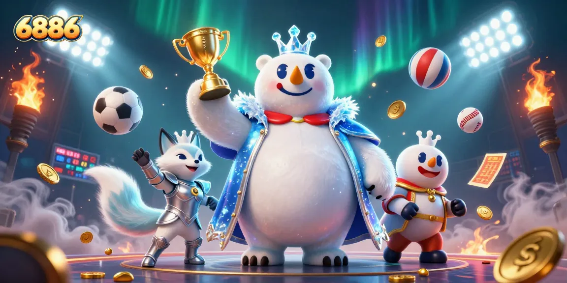 Experience thrilling gameplay with 6886win as the ice king polar bear reigns over a vibrant casino scene.