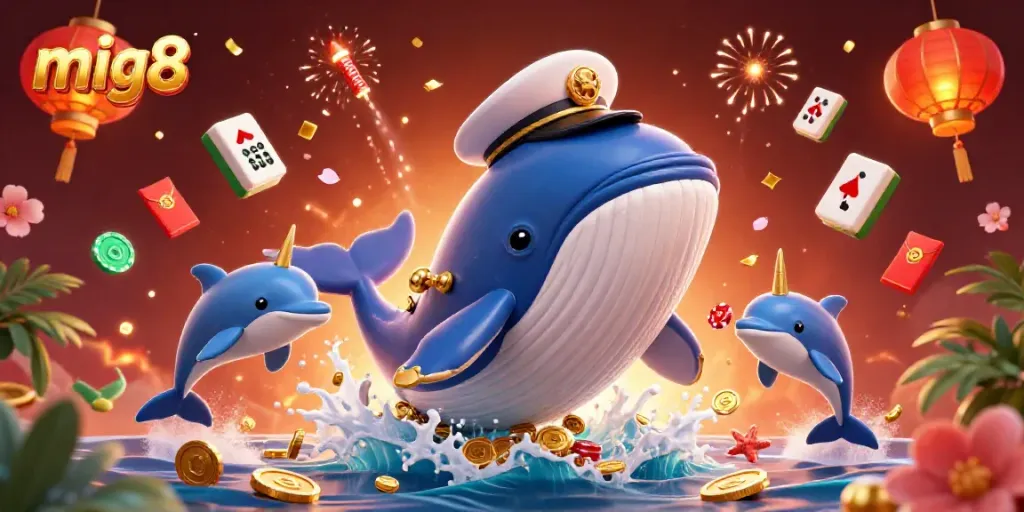 Experience the thrill of MIG8 with vibrant whales, coins, and dynamic casino elements.