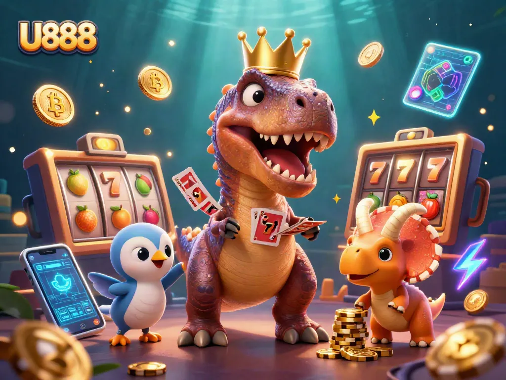 Engage with U888 casino excitement featuring a T-Rex shuffling cards, surrounded by slot elements and crypto coins.