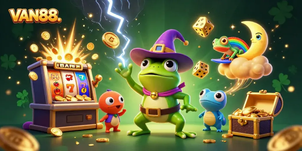 Spin to win at VAN88. with a vibrant scene of characters, slots, and golden treasures!