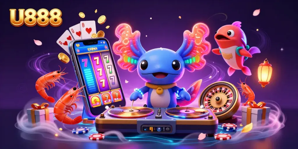Experience the vibrant U888 online casino scene with a neon axolotl DJ and animated game elements.