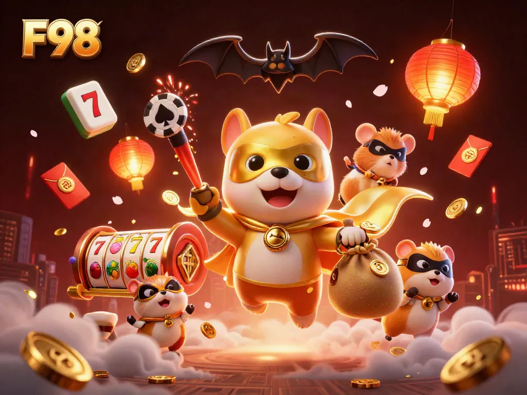 F98 showcases a superhero dog flying with gold coins and a hamster sidekick amid vibrant casino elements.