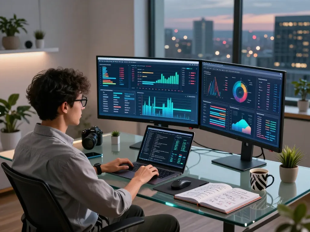 Data scientist analyzing hbet graphs and models in a modern office setting.