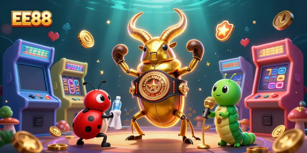 Experience thrilling games at EE88 with immersive graphics and golden characters in a lively casino setting.