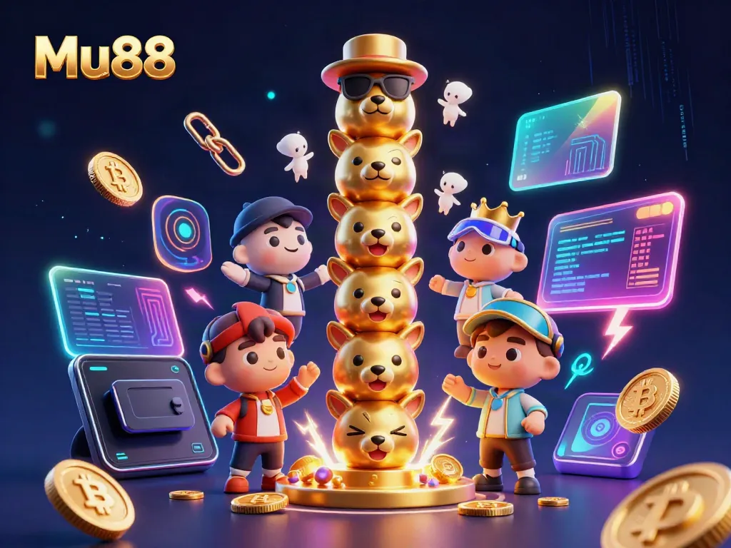 Experience dynamic gaming excitement with Mu88’s vibrant 3D cartoon illustration, showcasing engaging casino elements.