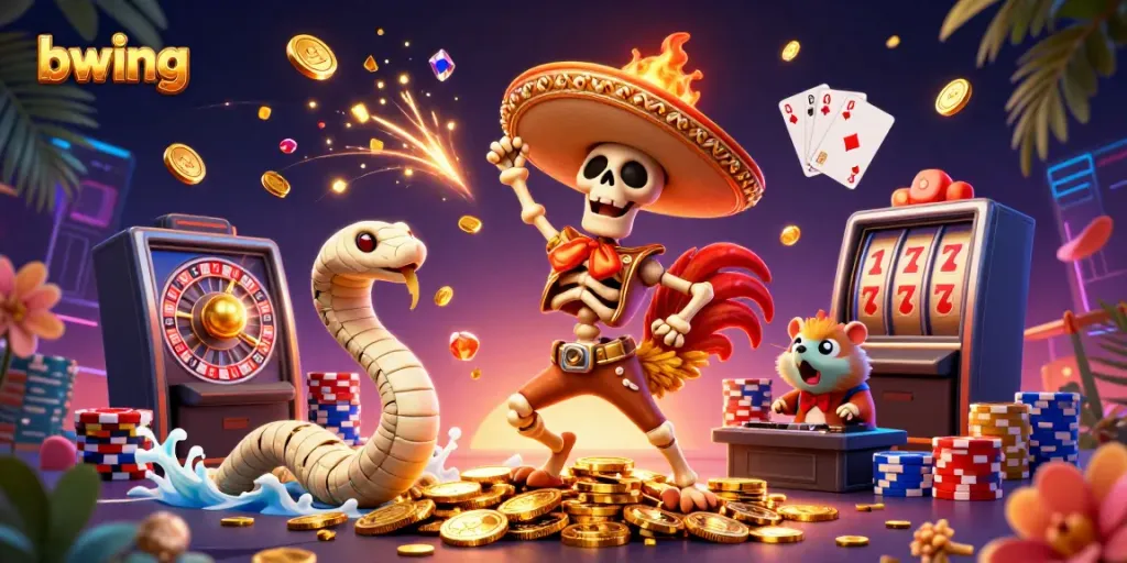 Experience thrilling gaming at bwing with vibrant creatures celebrating winnings amidst spinning roulette and golden coins.