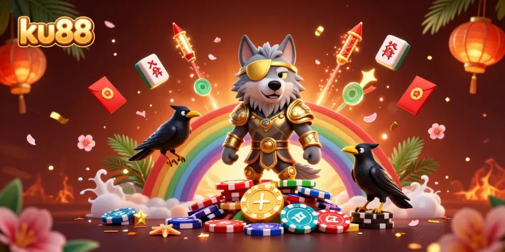 ku88 features an artistic depiction of Norse mythology with vibrant casino elements and characters