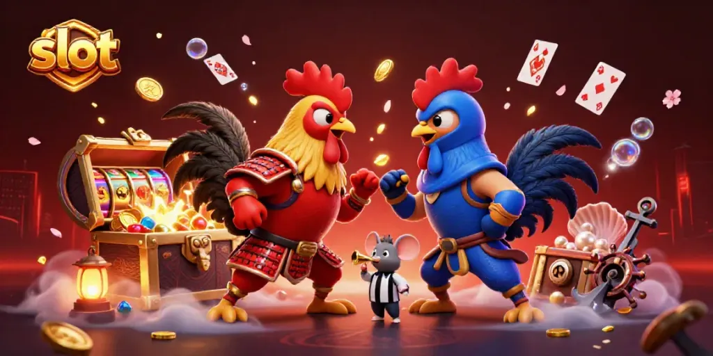 Menyaksikan duel ayam jantan 3D dalam pertempuran slot yang mendebarkan dengan simbol jackpot dan koin berkilau.