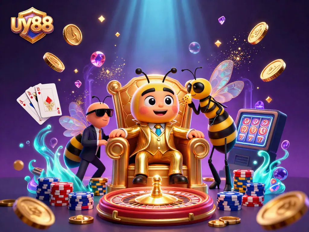 Experience the exciting world of uy88 with a 3D illustration featuring a bumblebee mob boss, gold coins, and casino elements.