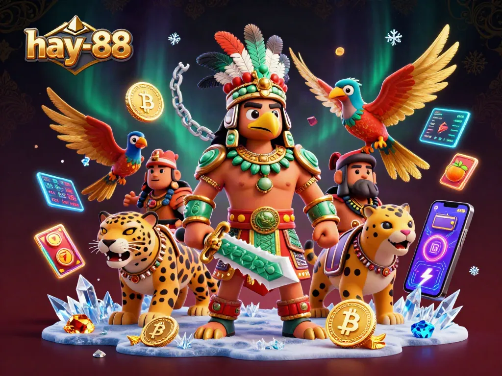 Experience thrilling gambling at hay-88 with dynamic 3D Aztec warriors, crypto elements, and slot game icons.